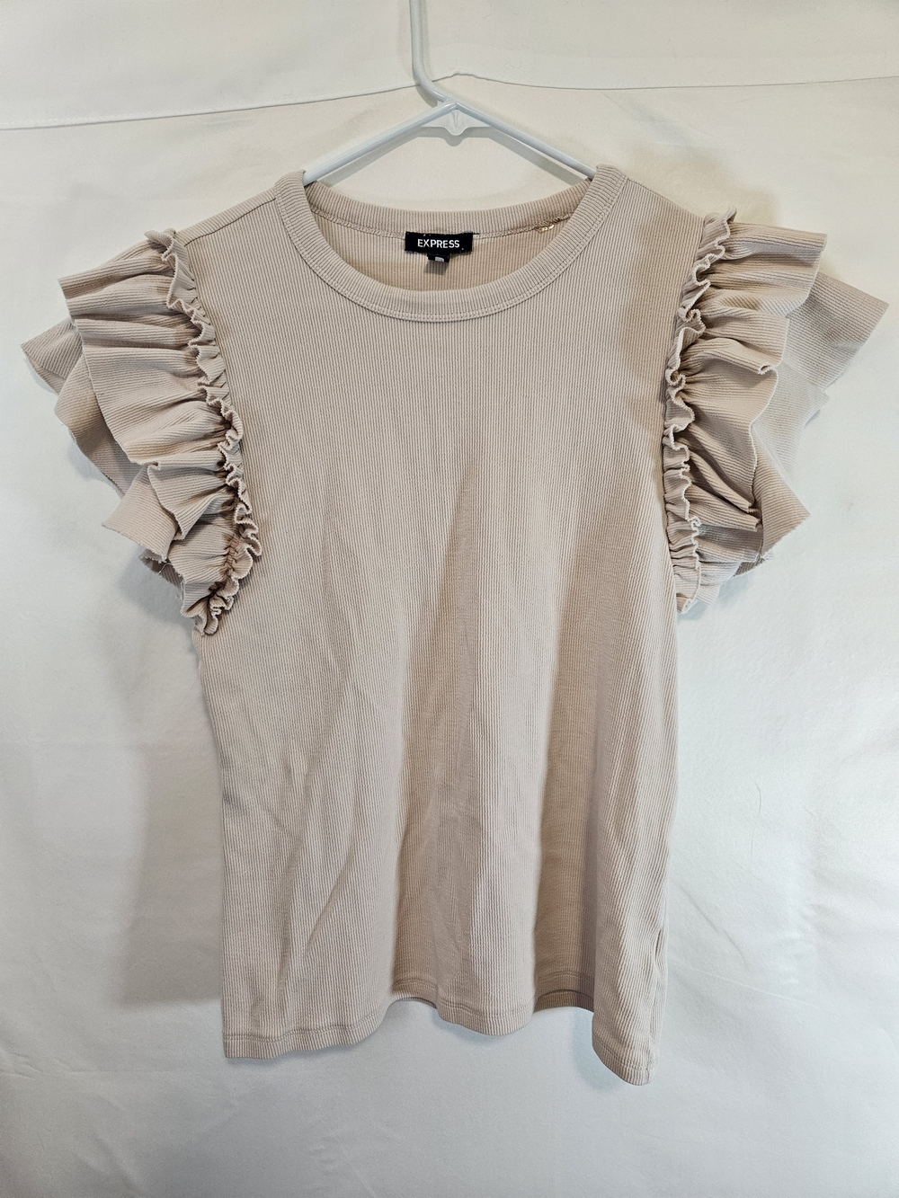 Express Cream Ruffle Sleeve Ribbed Tee Fairycore Indie Business Casual Boho